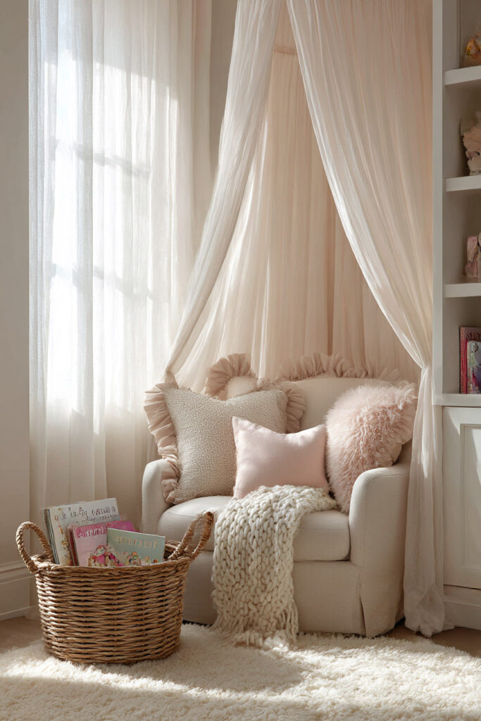 Cozy little girls bedroom reading corner with blush pillows, canopy drapes, soft armchair, woven basket of books, and warm natural light.