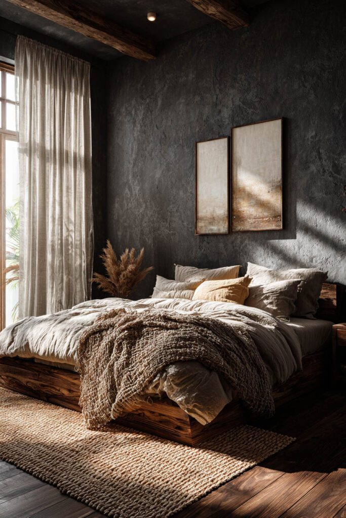 Japandi bedroom with dark textured wall, wood platform bed, neutral linen bedding, woven throw, minimal abstract wall art, and soft natural light