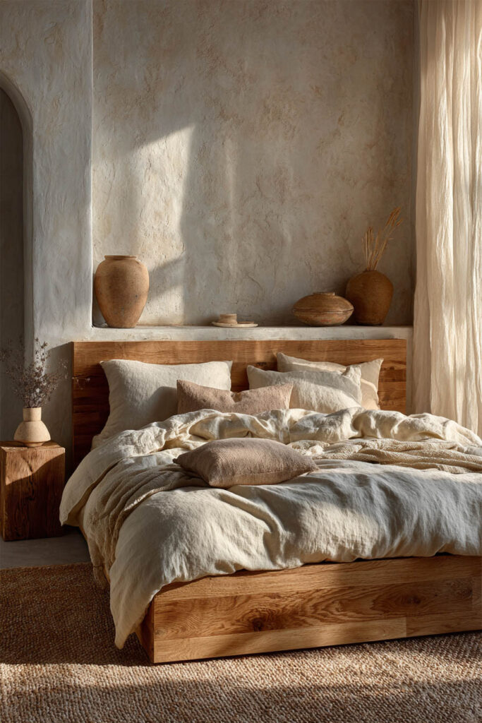 Japandi bedroom with light wood bed frame, neutral linen bedding, textured plaster walls, and ceramic decor in warm natural tones