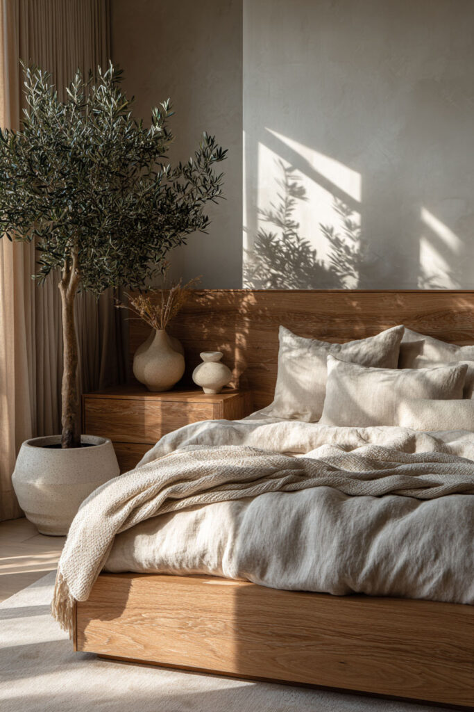 Japandi bedroom with light wood bed frame, neutral linen bedding, olive tree, ceramic decor, and soft natural sunlight