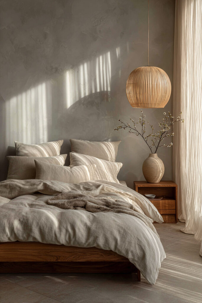 Japandi bedroom with neutral linen bedding, wood nightstand, woven pendant light, plaster wall, and soft natural sunlight