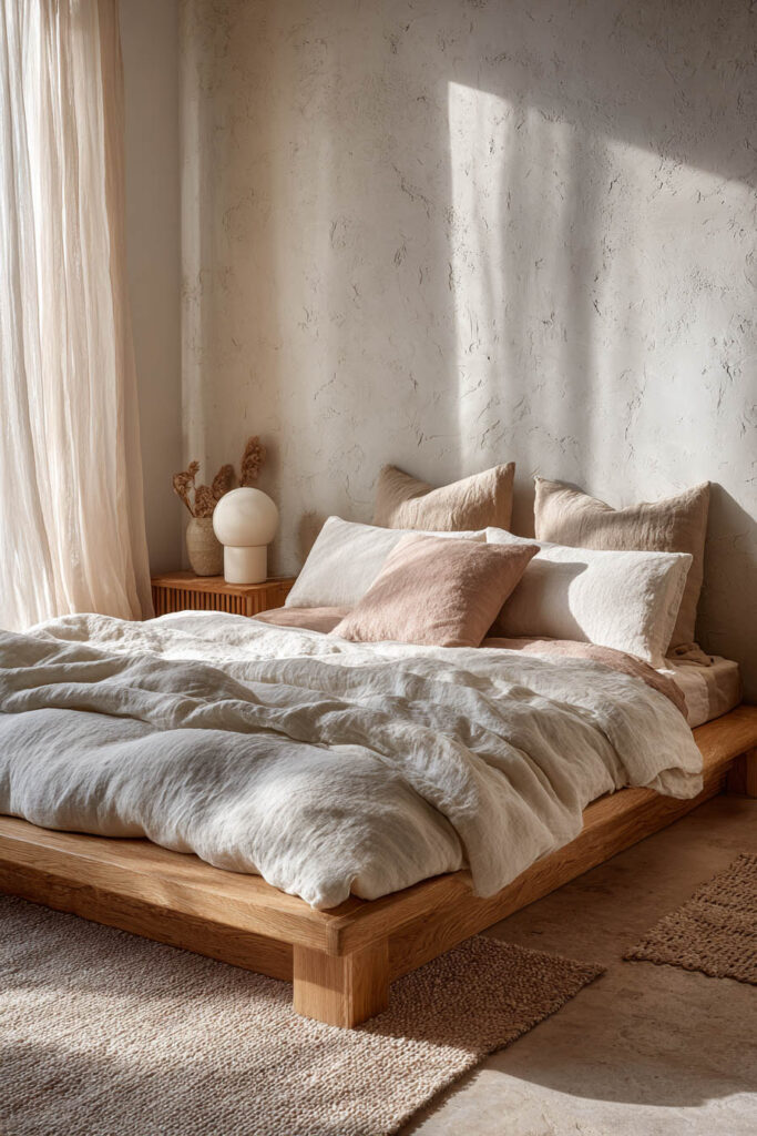 light Japandi bedroom with neutral linen bedding, low wood platform bed, textured plaster wall, and soft natural window light