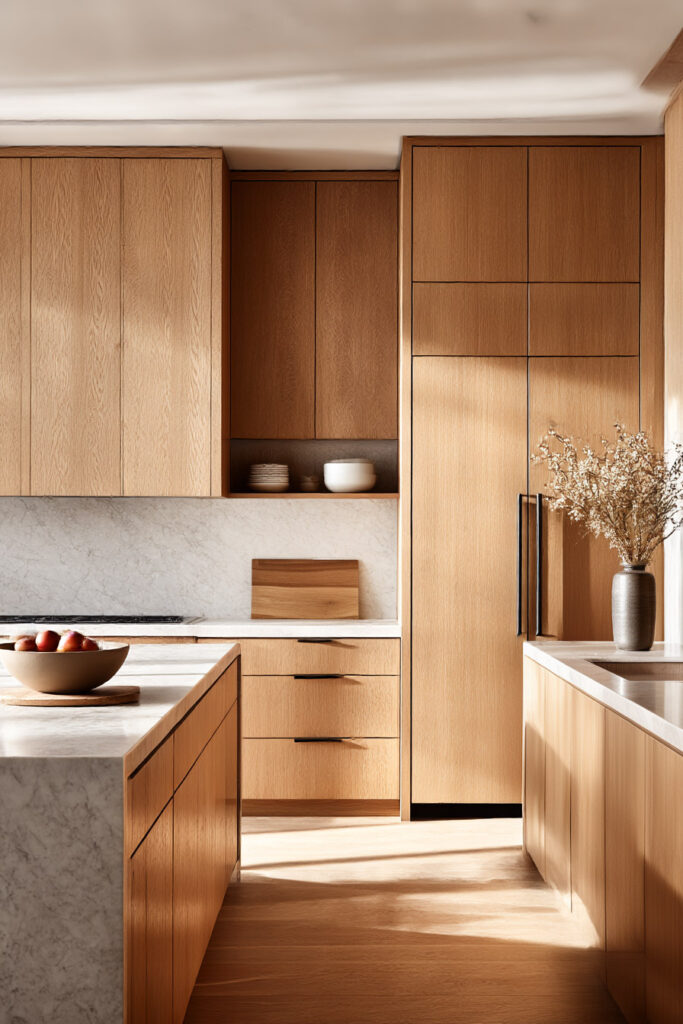 light warm wood kitchen cabinets with marble countertop, neutral kitchen design with organic modern style and natural light