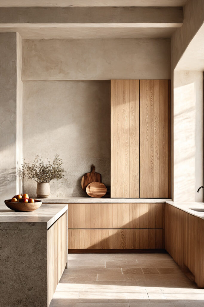 light wood kitchen cabinets with textured plaster walls and neutral stone countertops organic modern kitchen with warm natural tones