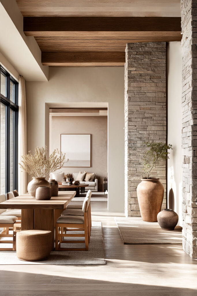 Organic modern dining room with stone columns, wood ceiling beams, a natural wood dining table, and large clay floor vases.