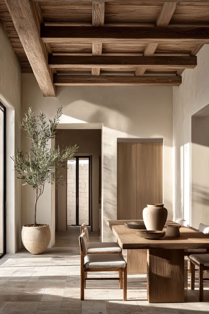 Organic modern dining room with wood beam ceiling, natural wood dining table, stone flooring, and earthy decor using natural materials.