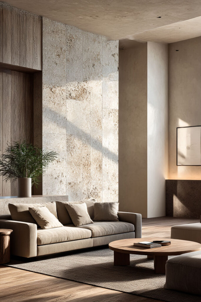 Organic modern living room with natural stone wall, neutral sofa, warm wood furniture, and earthy textures in a minimalist interior.