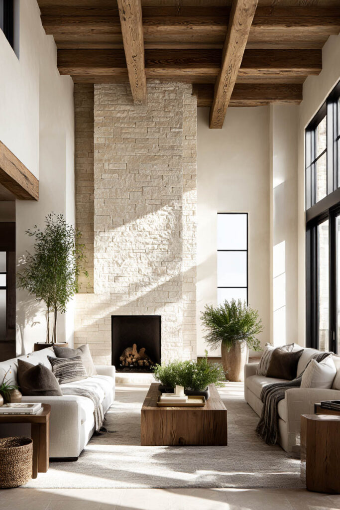Organic modern living room with tall stone fireplace, exposed wood ceiling beams, neutral sofas, and natural materials decor.