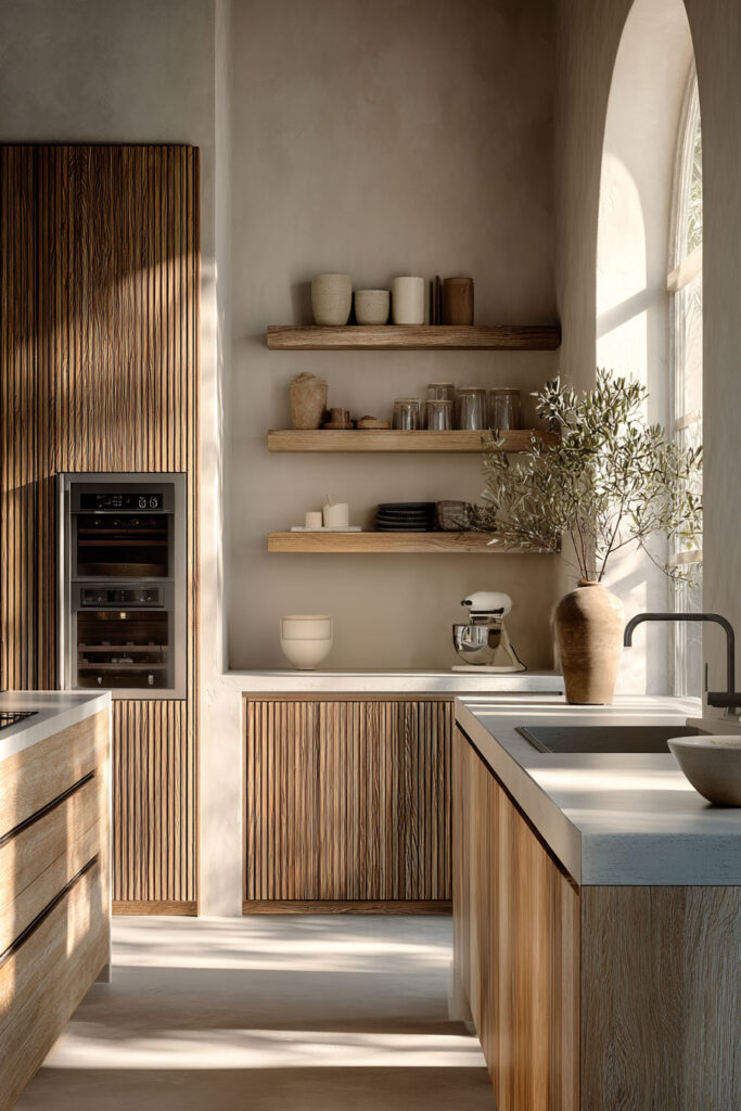 Modern kitchen with textured warm wood cabinets, floating open shelves, and sunlight streaming through an arched window