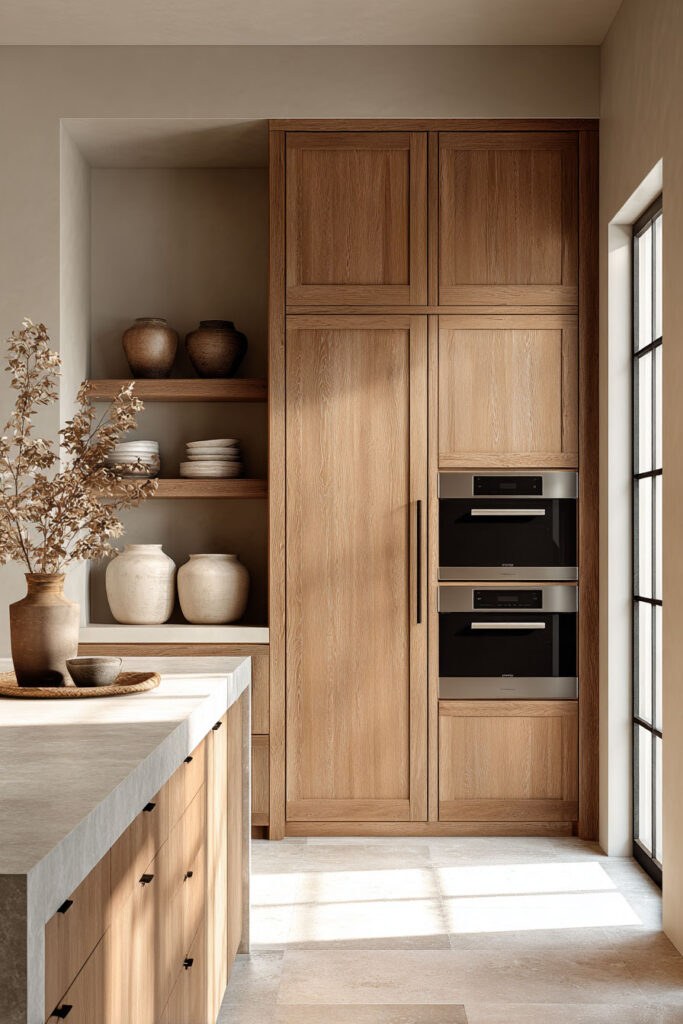 warm wood kitchen cabinets with open shelving and neutral ceramics in organic modern kitchen design