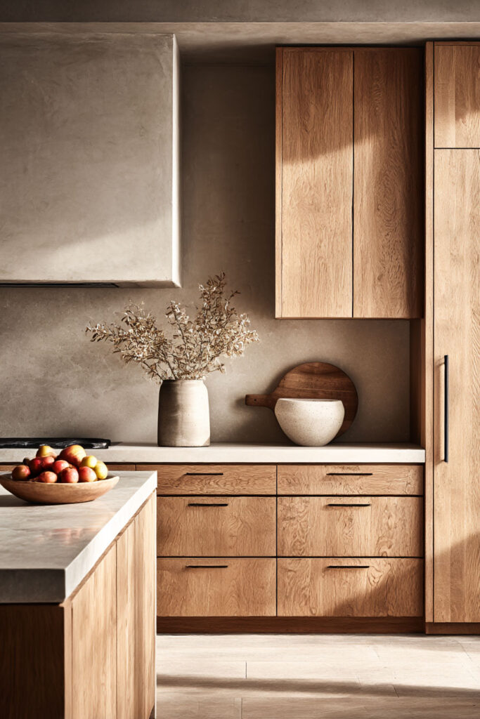 warm wood kitchen cabinets with plaster walls and natural stone countertop, organic modern kitchen with earthy neutral tones