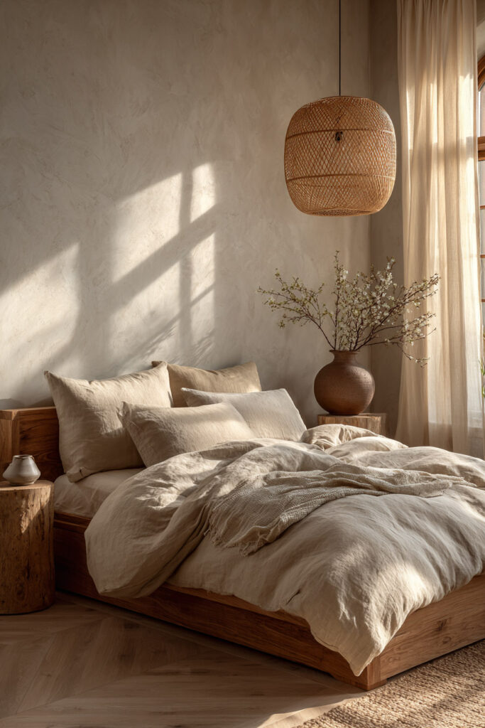 Japandi bedroom with light neutral linen bedding, wood platform bed, rattan pendant light, and soft natural sunlight through sheer curtains