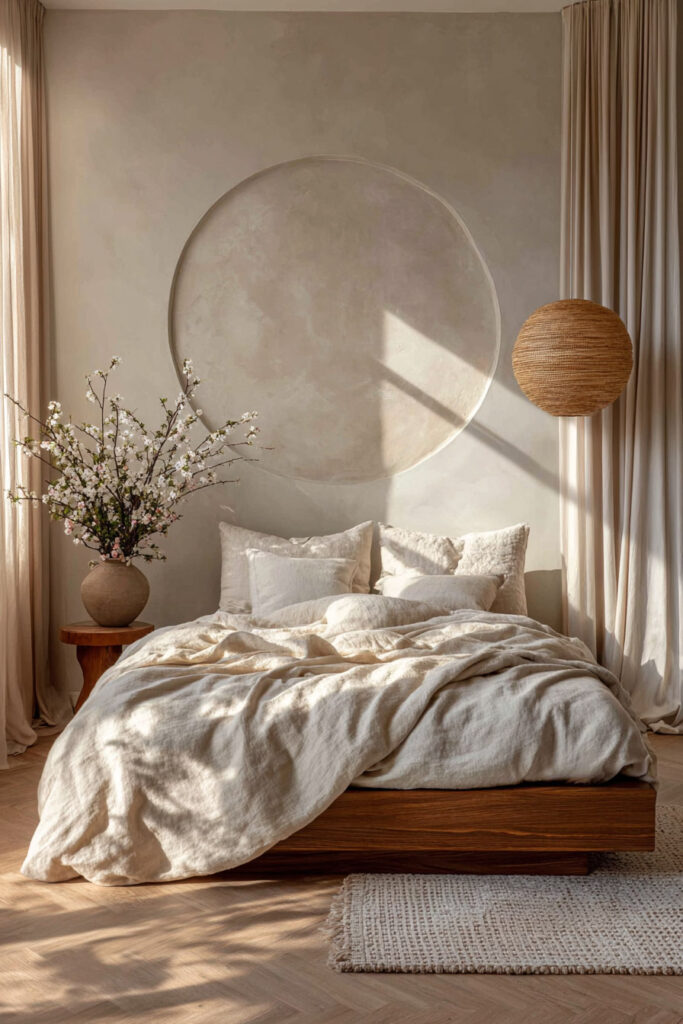 Japandi bedroom with neutral linen bedding, low wood bed, circular wall art, woven floor lamp, and soft natural light