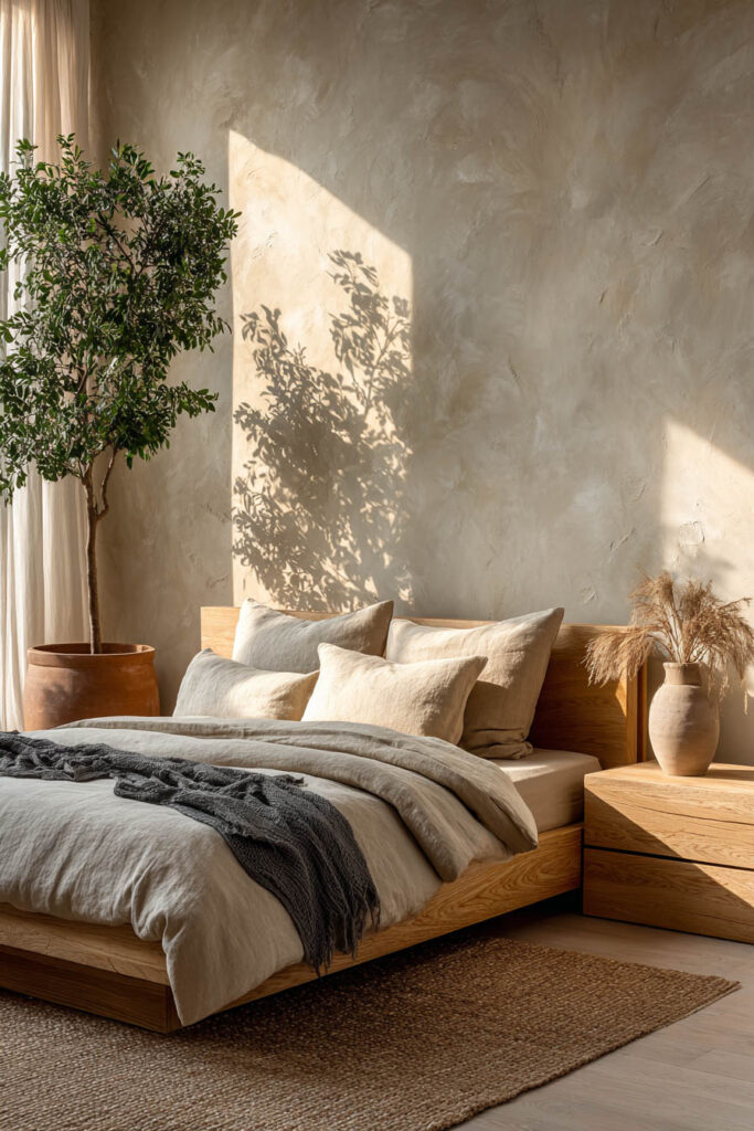 Japandi bedroom with light plaster wall, wood platform bed, neutral bedding, olive tree, and warm natural sunlight