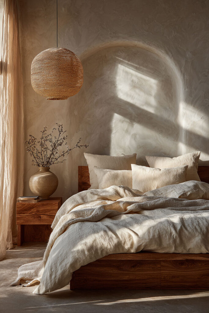 Japandi bedroom with woven pendant light, neutral linen bedding, low wood bed, textured plaster wall, and soft natural sunlight