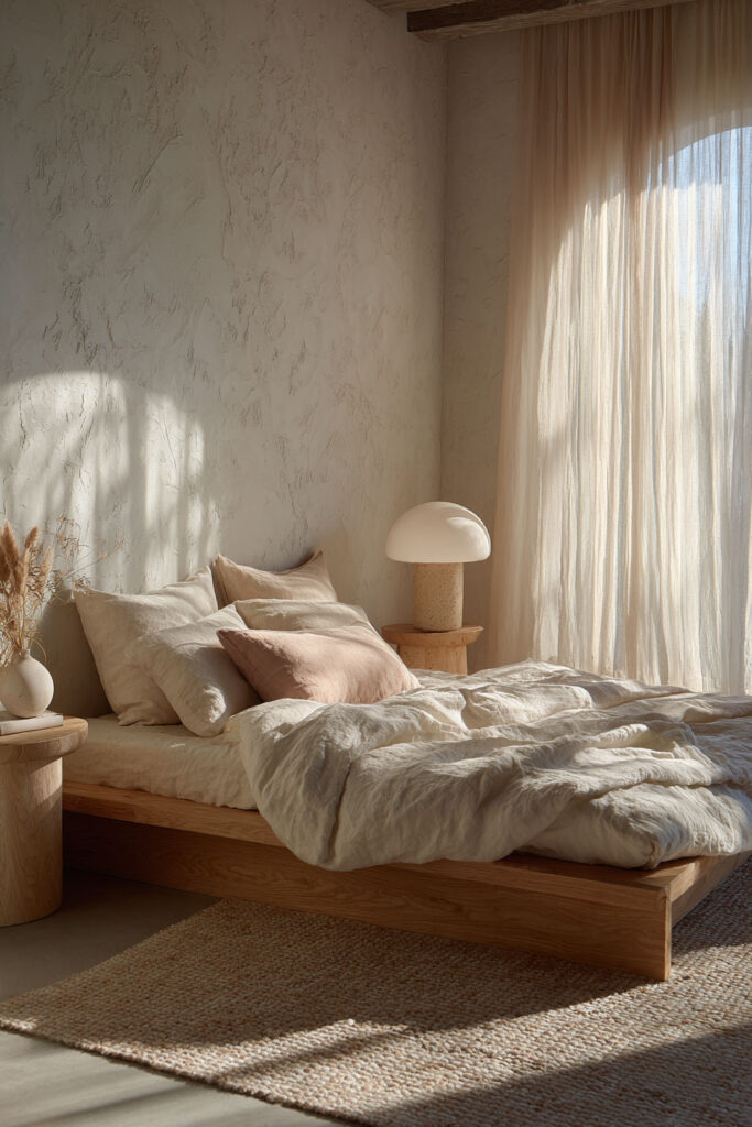 light Japandi bedroom with low wood bed, soft linen bedding, sheer curtains, textured plaster wall, and minimal ceramic lamp