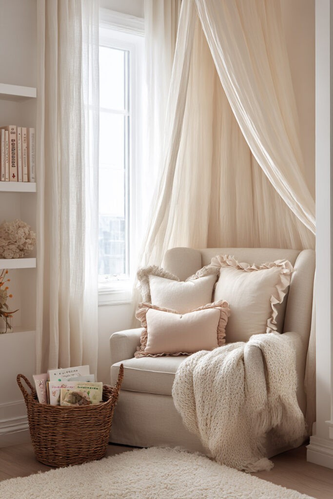 cozy little girls bedroom reading chair with ruffled pillows, soft canopy curtains, knit throw blanket, and basket of books