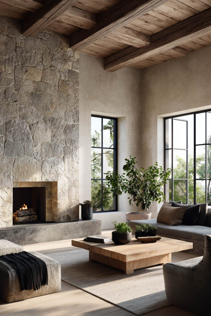 Organic modern living room with large stone fireplace wall, exposed wood ceiling beams, neutral seating, and natural materials decor.