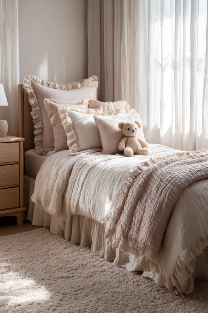 Neutral little girls bedroom with soft ruffled bedding, layered blush pillows, teddy bear, and warm natural light through sheer curtains.