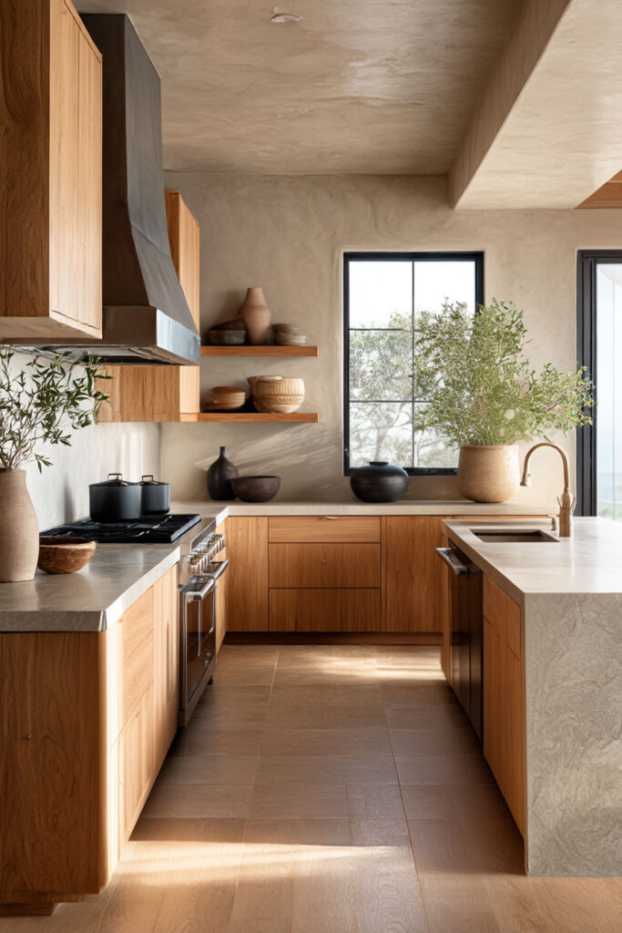 organic modern kitchen with warm wood cabinets, plaster walls, open shelving, and natural light neutral kitchen design