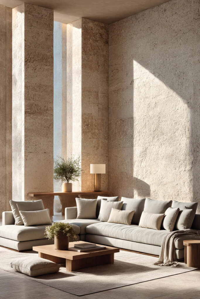 Organic modern living room with limestone walls, a neutral sectional sofa, and a natural wood coffee table in warm earthy tones.