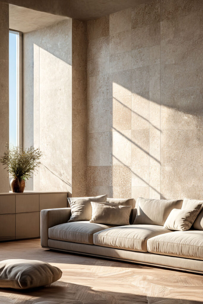 Organic modern living room with natural stone tile wall, neutral linen sofa, warm wood floors, and soft natural light.