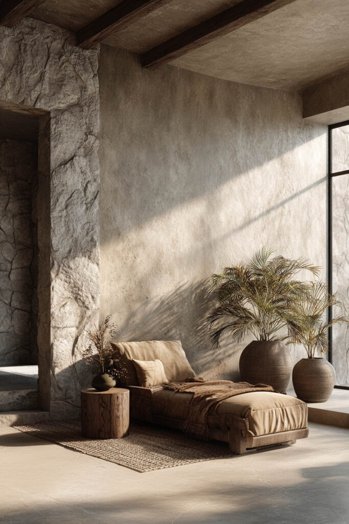 Organic modern lounge with textured stone wall, plaster walls, earthy neutral seating, and natural materials decor with large ceramic planters.