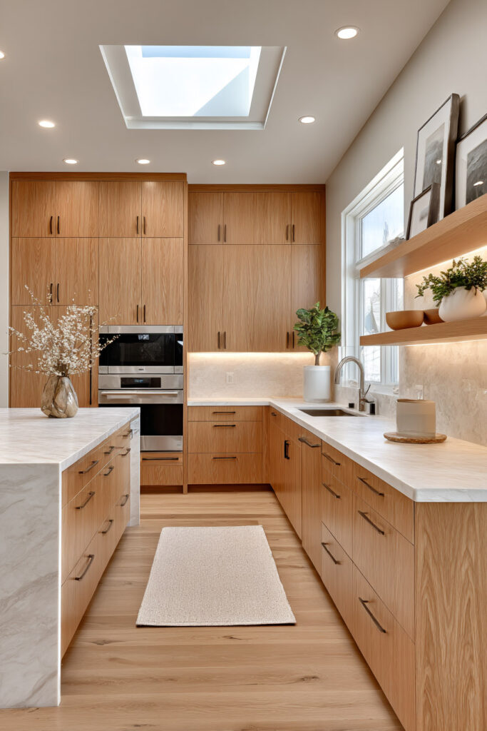 Modern kitchen with warm wood cabinets, marble countertops, open shelving, and a skylight filling the space with natural light