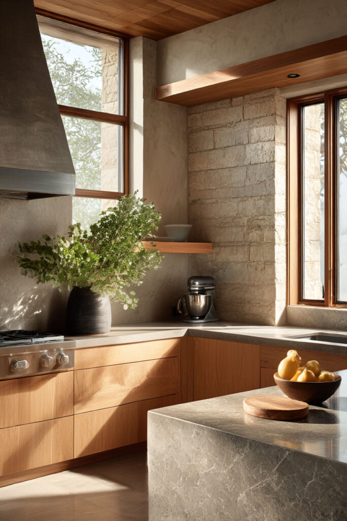warm wood kitchen cabinets with natural stone island and textured walls organic modern kitchen with earthy tones and natural light