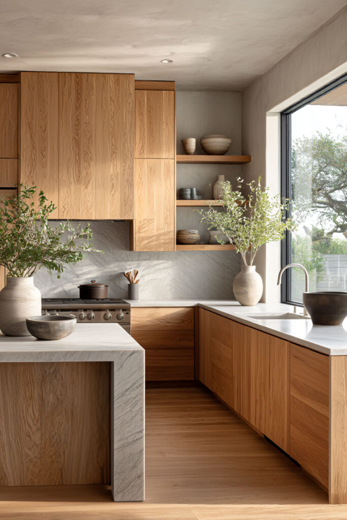 warm wood kitchen cabinets with marble countertops open shelving and greenery in organic modern kitchen design