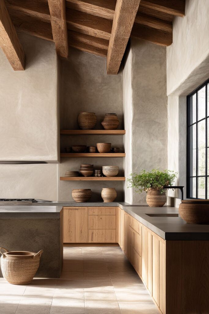 warm wood kitchen cabinets with plaster walls and open shelving, organic modern kitchen with exposed wood beams and natural textures
