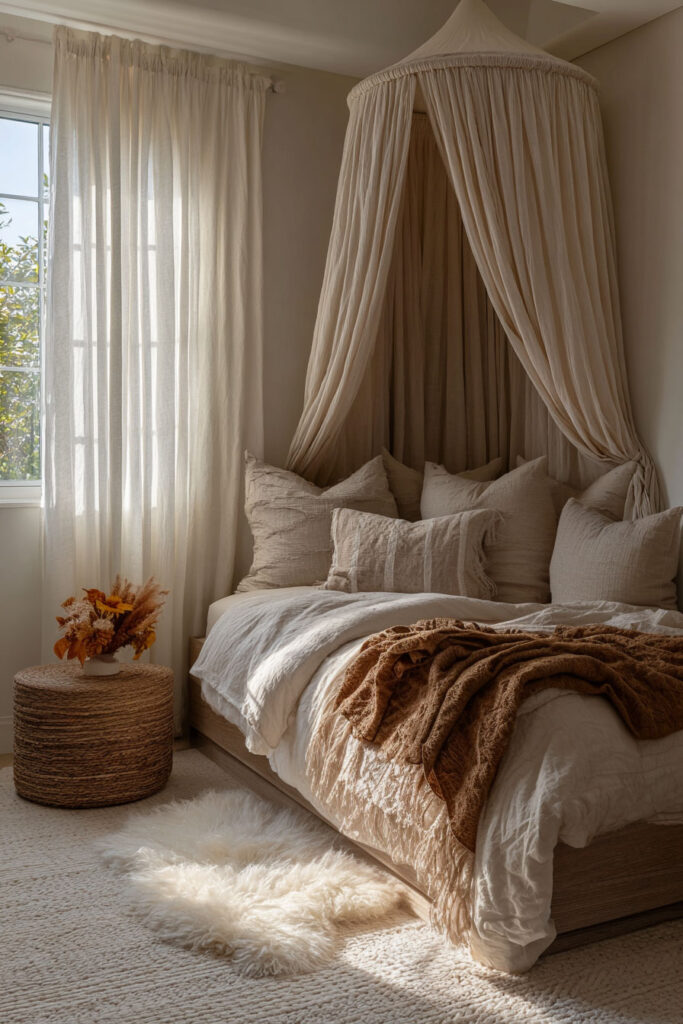 Cozy neutral little girls bedroom with canopy bed, layered pillows, warm textured blankets, and soft sunlight through sheer curtains.
