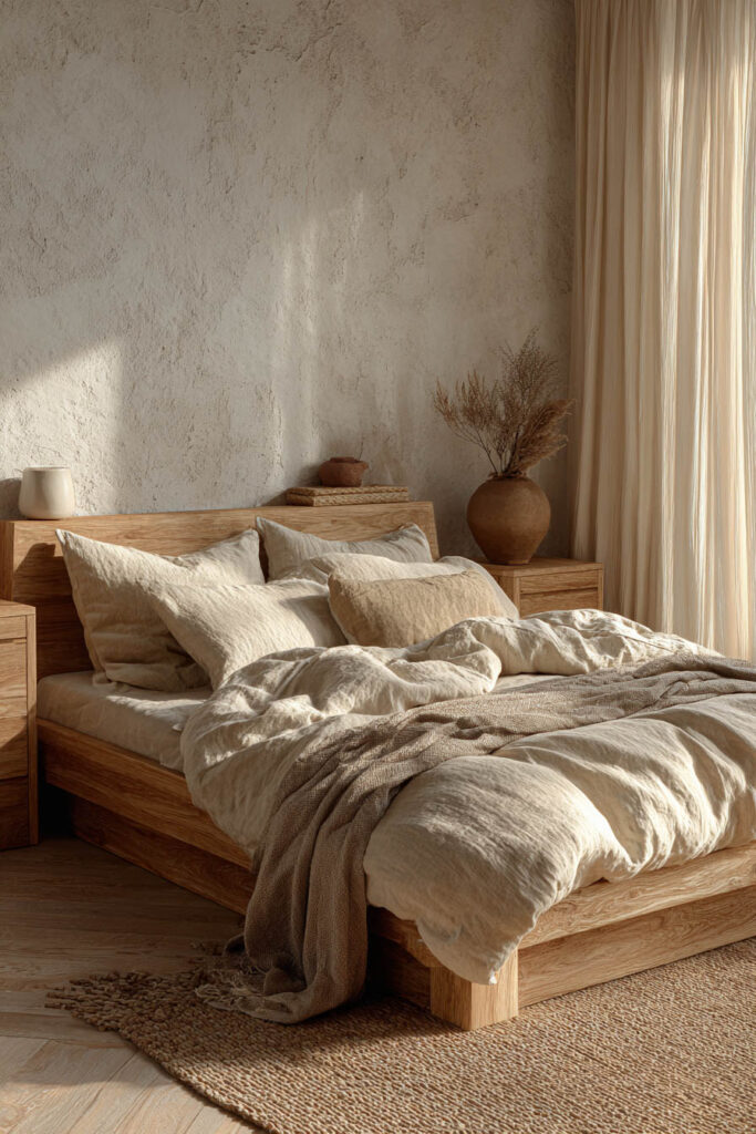 Japandi bedroom with light wood bed frame, neutral linen bedding, textured plaster walls, and soft natural light through sheer curtains