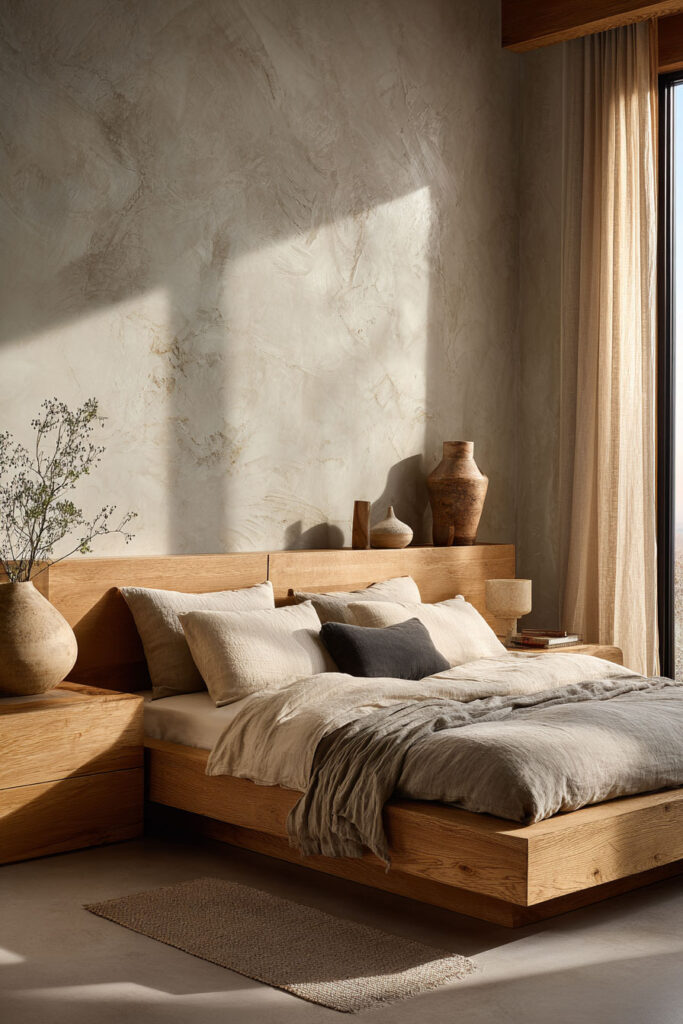 Japandi bedroom with light wood platform bed, neutral linen bedding, textured plaster wall, ceramic decor, and soft natural sunlight
