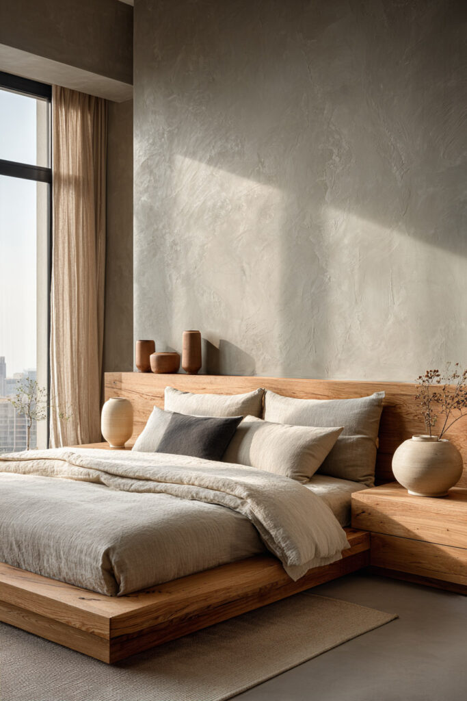 Japandi bedroom with light wood platform bed, neutral linen bedding, textured wall, ceramic decor, and soft natural light from window