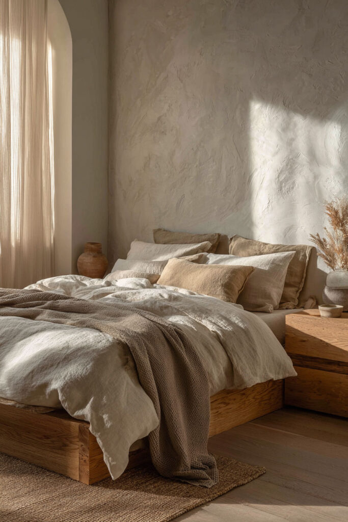 Japandi bedroom with warm neutral linen bedding, low wood bed frame, textured plaster wall, woven rug, and soft natural light
