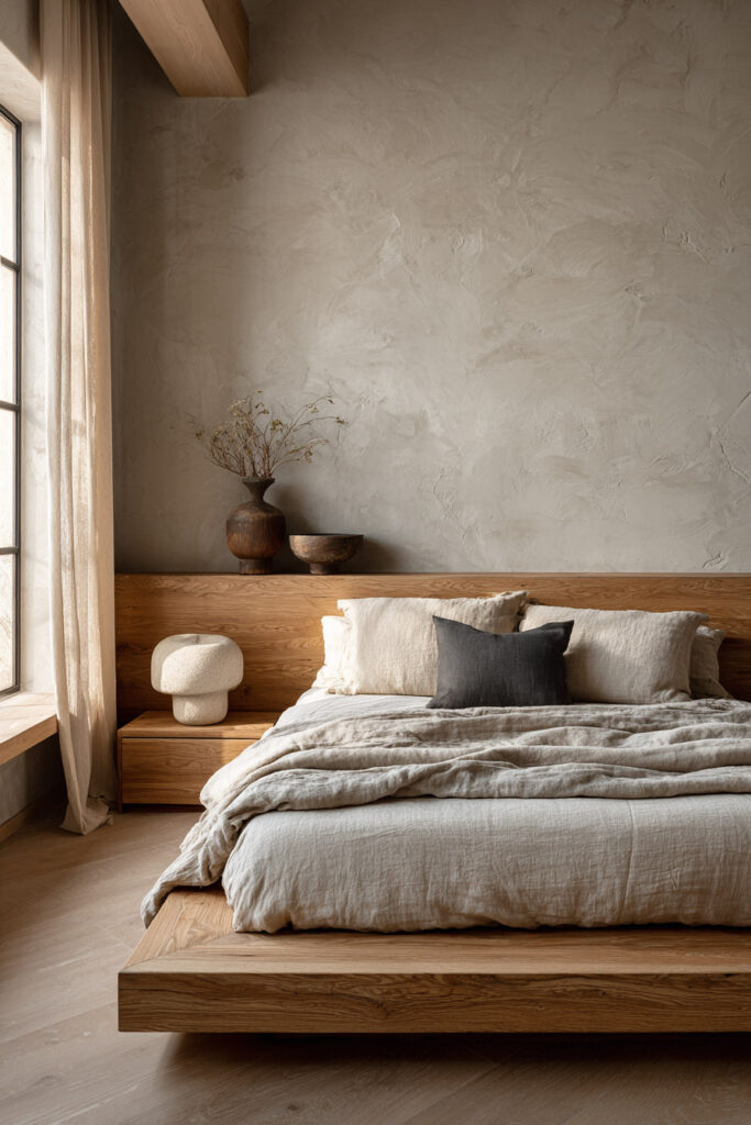 Japandi bedroom with wood platform bed, neutral linen bedding, textured plaster wall, minimal decor, and soft natural light