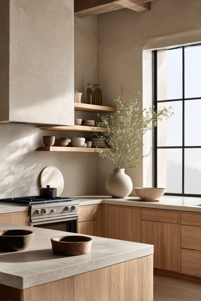 light wood kitchen cabinets with plaster walls open shelving and neutral stone countertops organic modern kitchen with warm tones