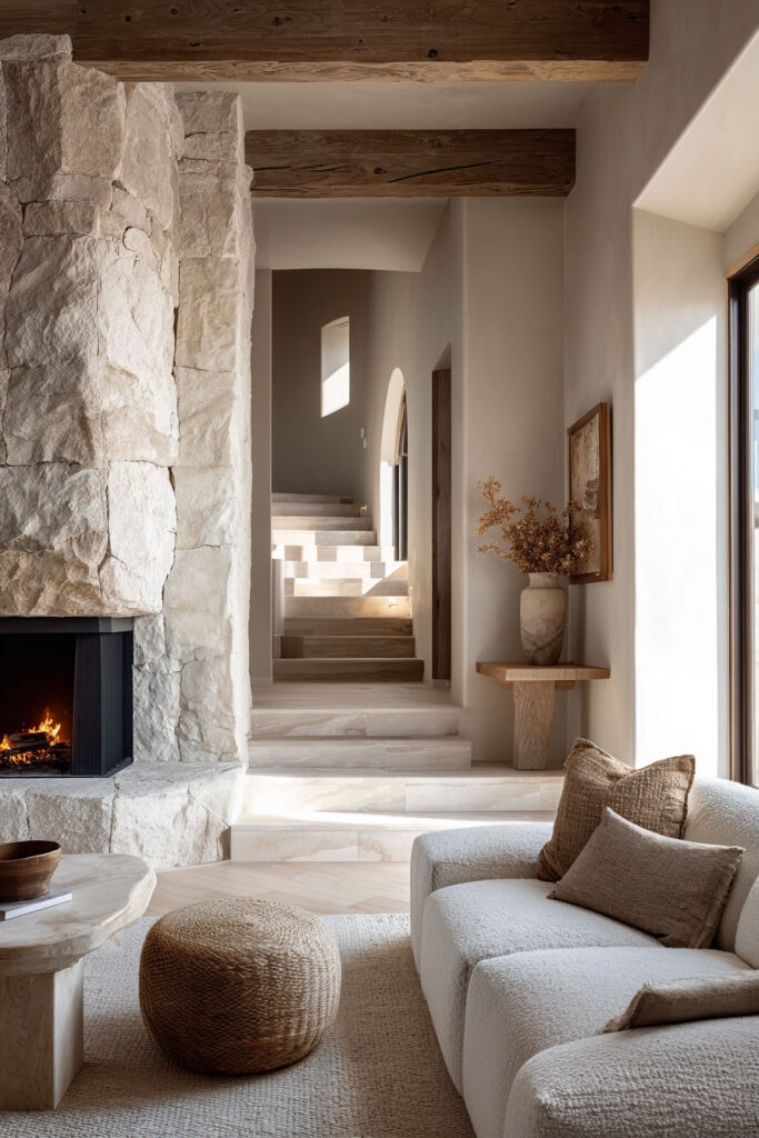 atural materials home interior with a stone fireplace, wood ceiling beams, neutral seating, and stone stairs in an organic modern design.