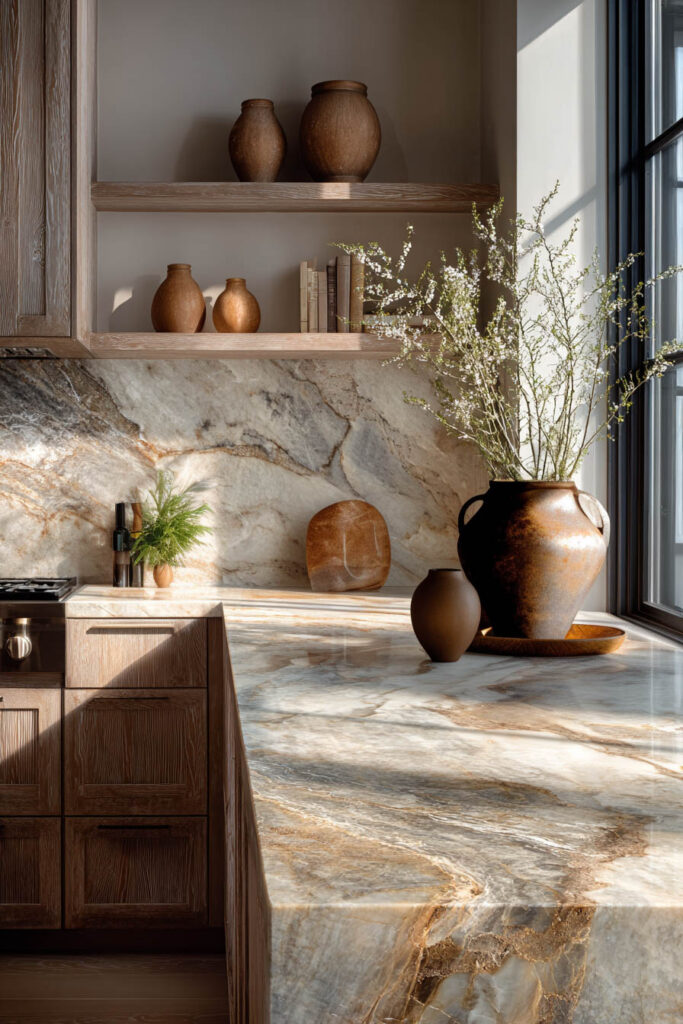 Modern kitchen with natural stone countertops, warm wood cabinets, and sunlight highlighting the marble patterns