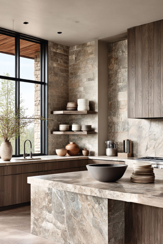 natural stone kitchen island and backsplash with warm wood cabinets and open shelving in organic modern kitchen
