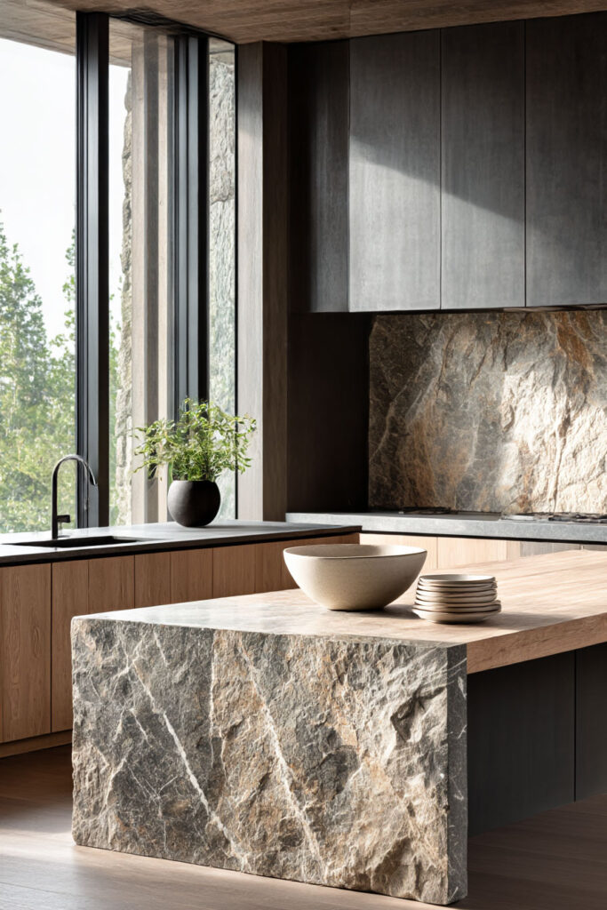 natural stone kitchen island with dramatic veining, warm wood cabinets and organic modern kitchen design with neutral tones