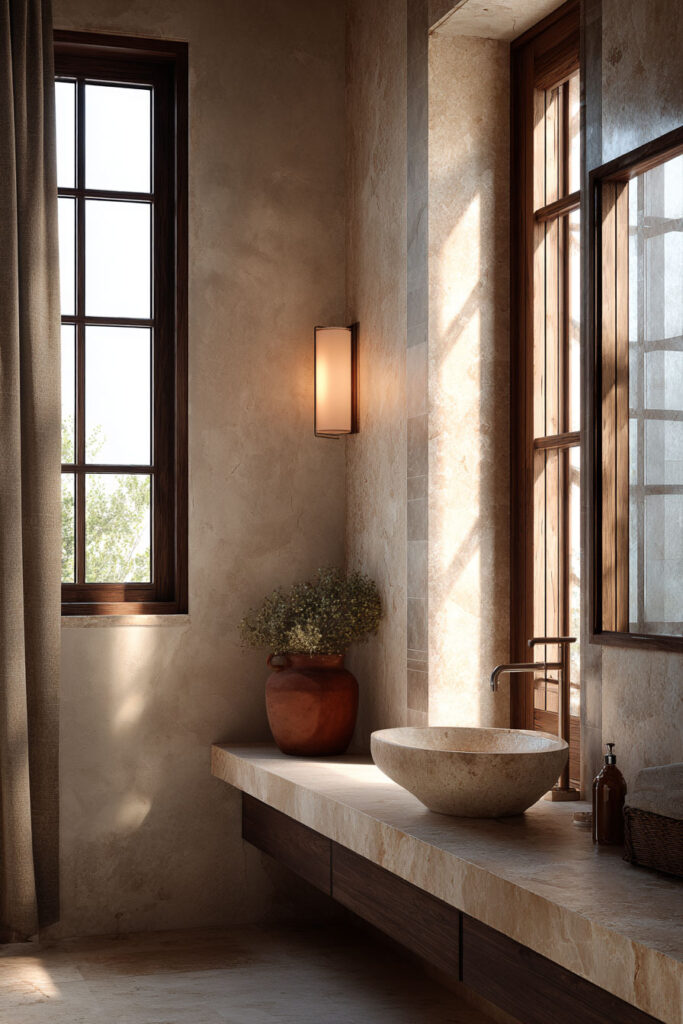 Organic modern bathroom with stone vessel sink, warm wood vanity, plaster walls, and natural materials creating a spa-like earthy interior.