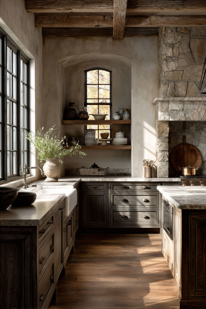 Organic modern kitchen with natural stone countertops, warm wood cabinets, open wood shelving, and rustic stone fireplace wall.