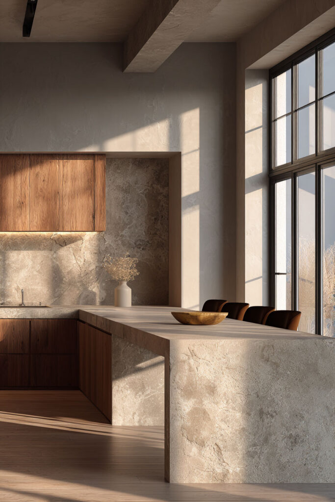 Organic modern kitchen with natural stone countertops, warm wood cabinets, and large windows bringing natural light into a minimalist space.