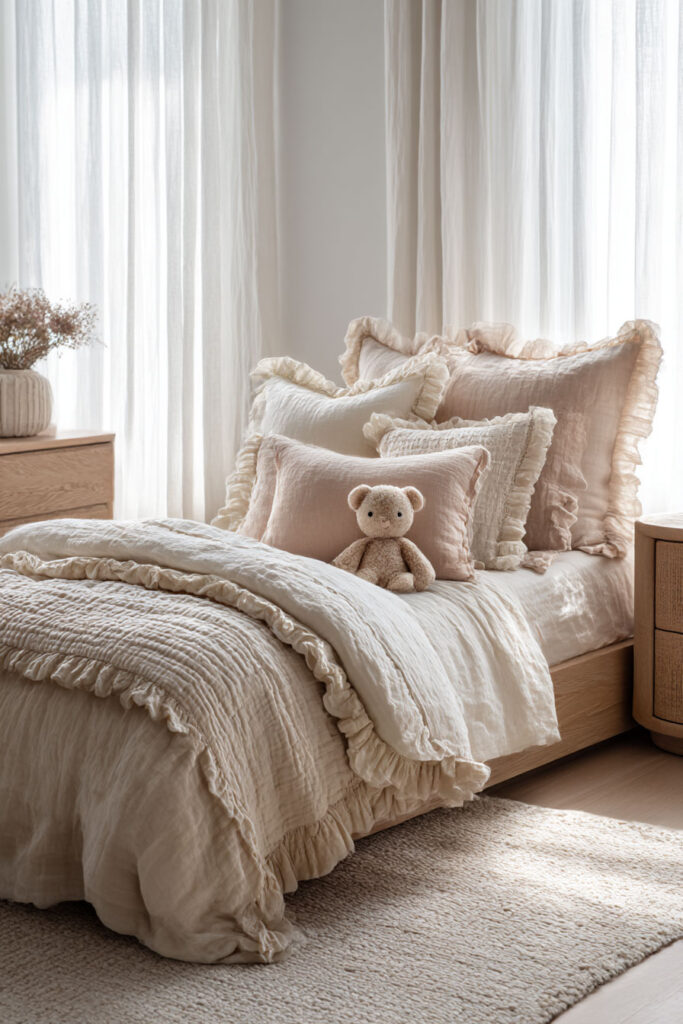 soft neutral little girls bedroom with ruffled bedding, layered blush pillows, wooden bed frame, and teddy bear decor