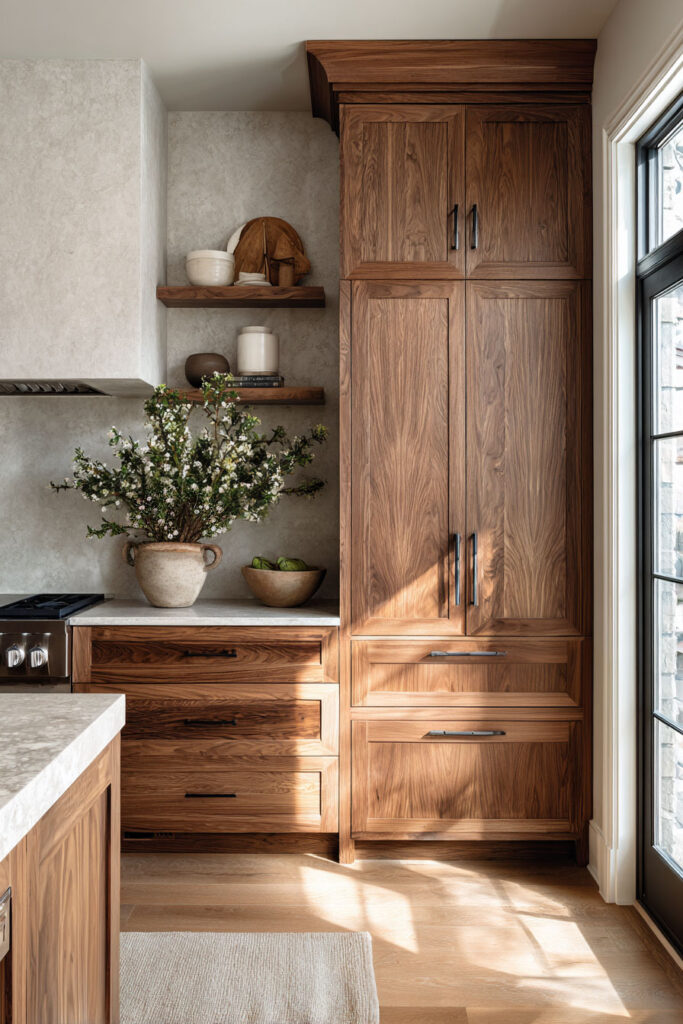 warm wood kitchen cabinets with classic detailing, neutral kitchen with open shelving and natural light organic modern style