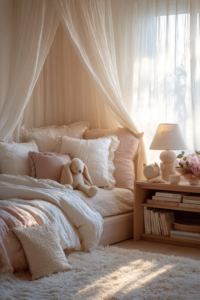 Cozy little girls bedroom with canopy bed, blush and neutral pillows, bunny plush toy, and wooden nightstand with lamp and flowers.