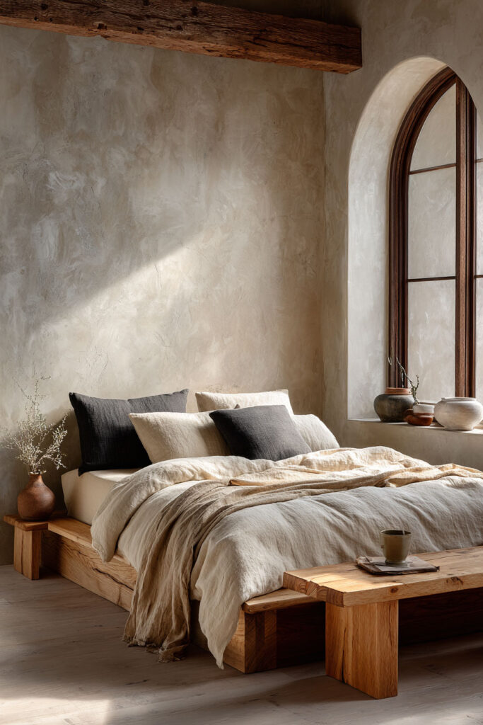 Japandi bedroom with light wood platform bed, neutral linen bedding, arched window, plaster wall, and soft natural sunlight
