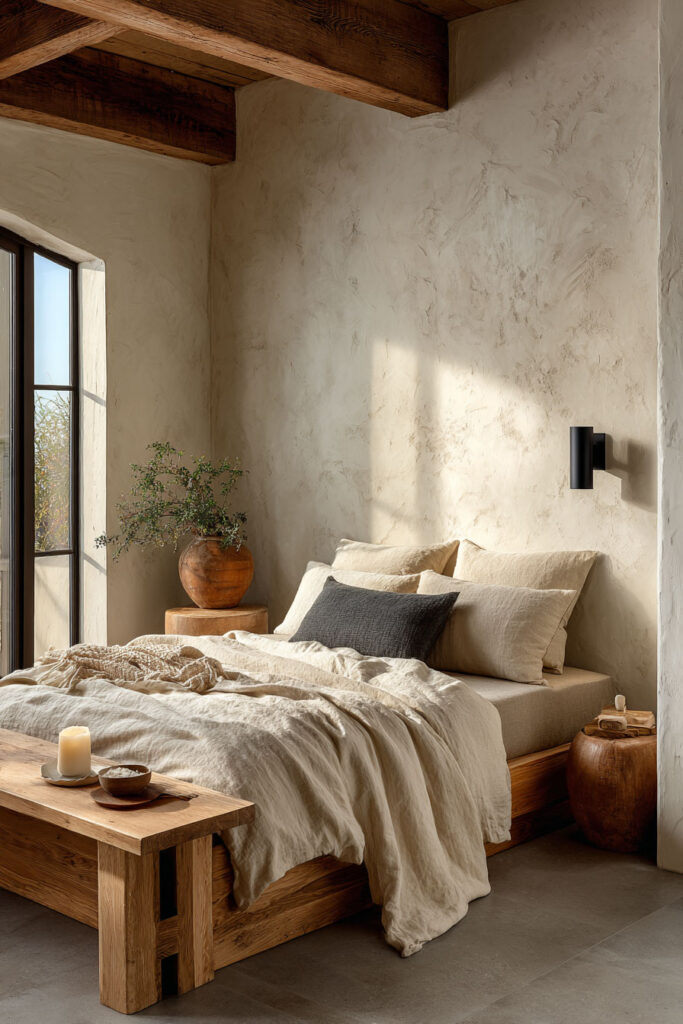 Japandi bedroom with neutral linen bedding, light plaster wall, wood platform bed, ceramic decor, and warm natural sunlight